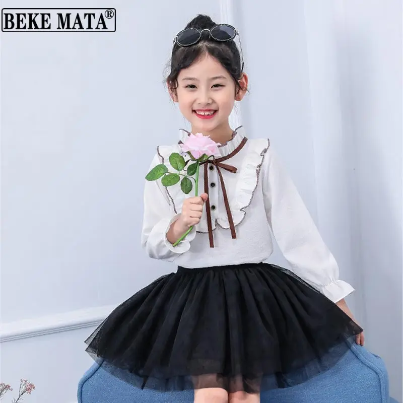 

Детская блузка с длинным рукавом BEKE MATA, Белая школьная рубашка с рюшами на воротнике для девочек-подростков, одежда для детей 3-11, весна 2022