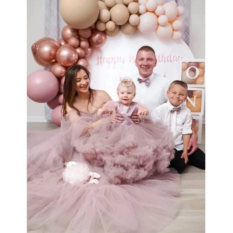 Mommy and Me Matching Dresses for Photoshooting Dusty Pink Tulle Mum and Daughter Birthday Party Dress Family Evening Dress
