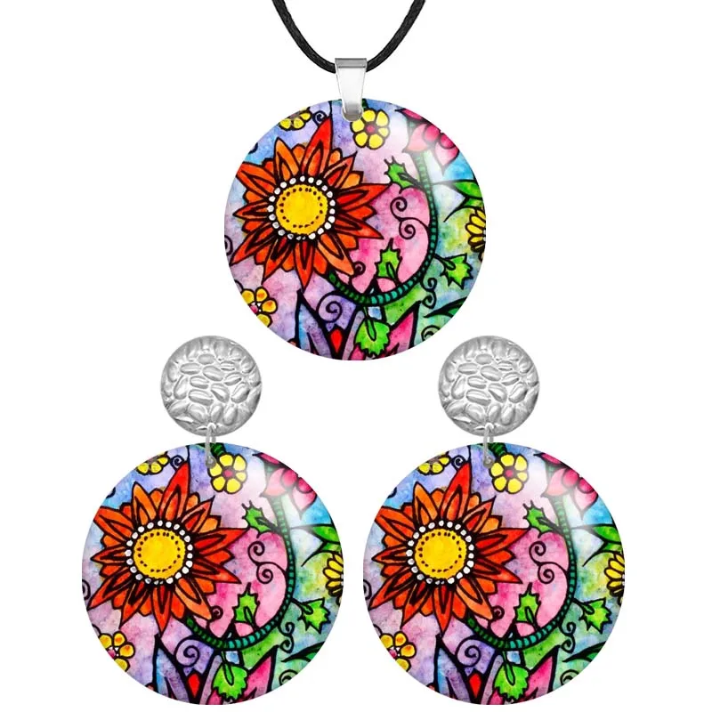 

Artist Colorful Flower Image Round Wooden Pendant Necklaces & Earrings For Women Stainless steel Piercing Jewelry Sets S1551