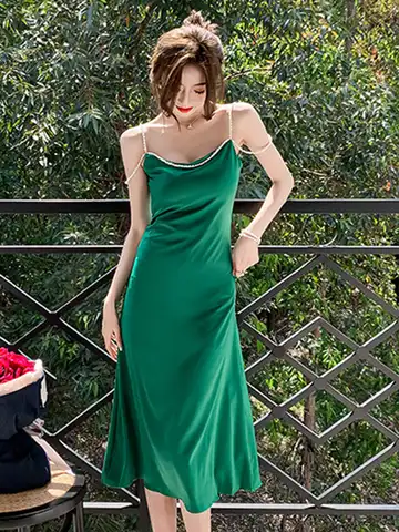 Атласное элегантное женское вечернее платье, простое однотонное платье миди без рукавов на бретелях с жемчугом, вечернее пляжное платье, же...
