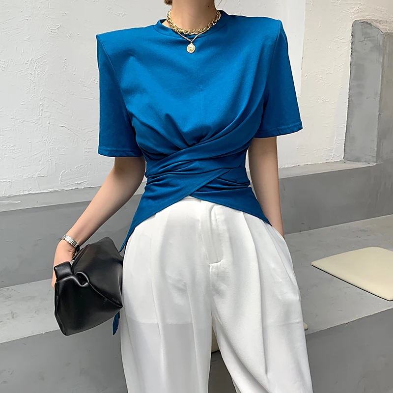 

Korean Elegant Cross Irregular Solid T-shirt 2022 Summer Short Sleeve O-neck Waisted T Shirts OL Tops Tees 1168