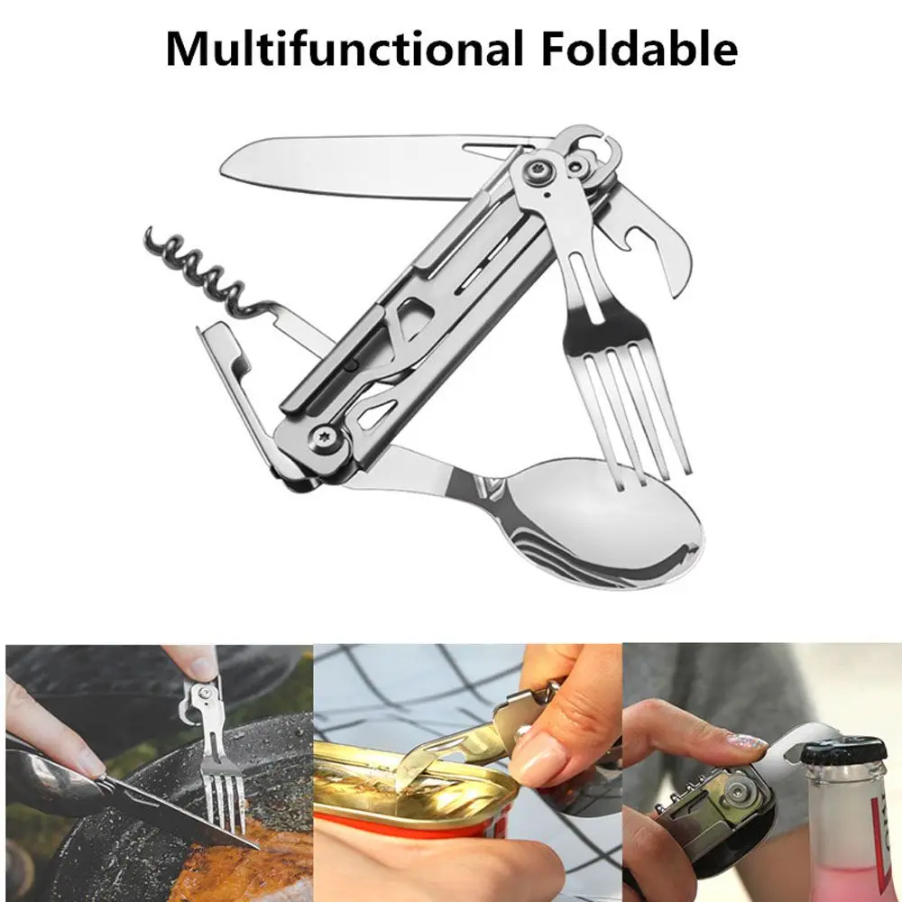 

Stainless Steel Pocket Knife Multi-tool Portable Fork Spoon Outdoor Survival Camping Folding Knife Detachable Hand Tools