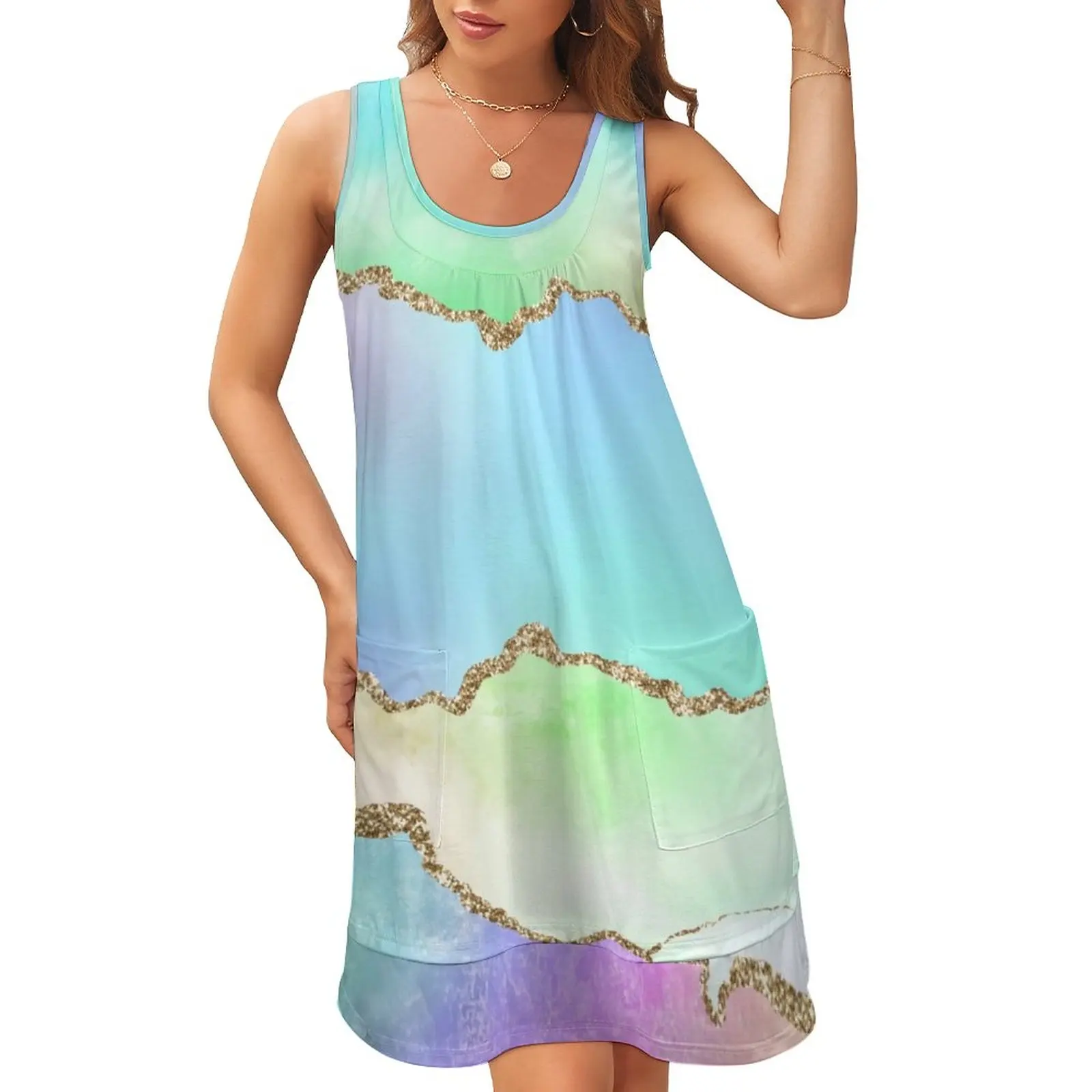 

Pastel Ombre Print Dress Elegant Marble Aesthetic Dresses Patchwork Cute Casual Dress Round Neck Female Graphic Vestido