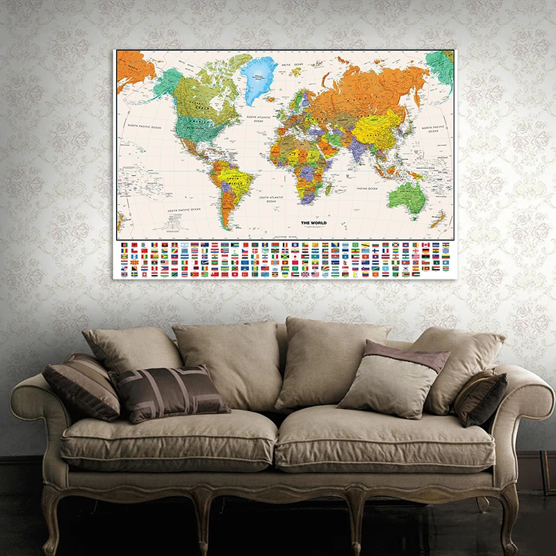 

100*70cm The World Map with National Flags Unframed Canvas Painting Wall Art Poster and Print School Classroom Supplies