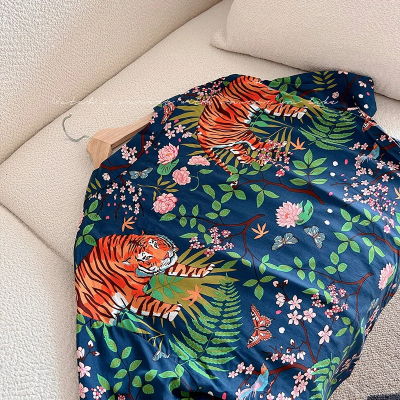 Jungle Blue Tiger Pajamas Summer Cotton Silk Thin Pajama Large Size Sleepwear Senior Sense Women's Short-sleeved Home Wear