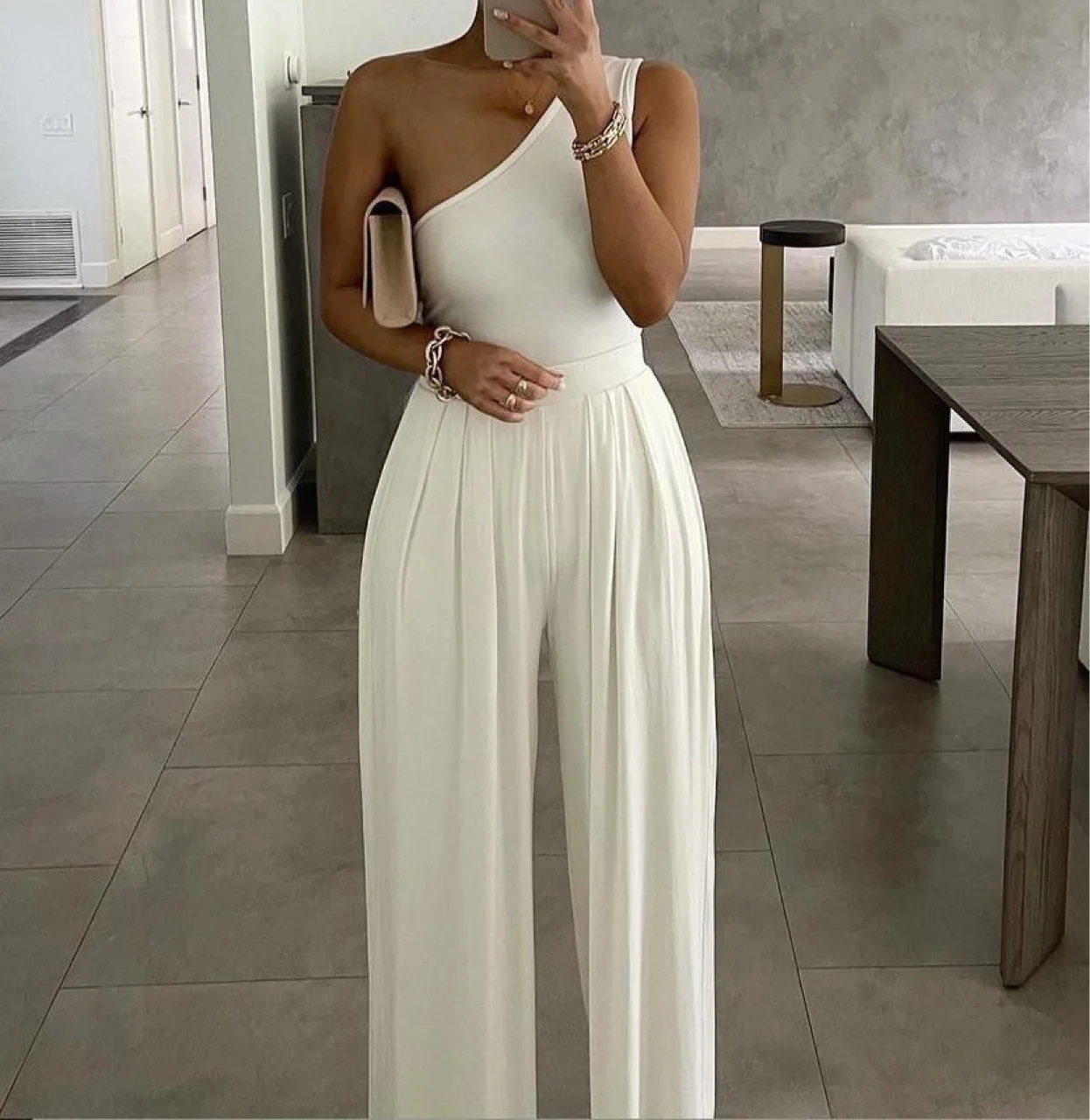 

2022 Summer Women Fashion Sexy One Shoulder Club Romper Bodysuit Wide Leg Jumpsuit Office Lady Casual Ovealls