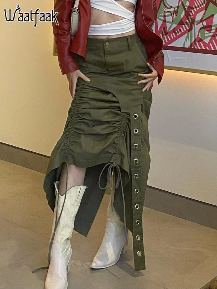 

Waatfaak Shirring Irregular Cargo Long Skirt Outfit Fairycore Grunge Green High Waist Streetwear Maxi Skirt Summer Gothic Y2K