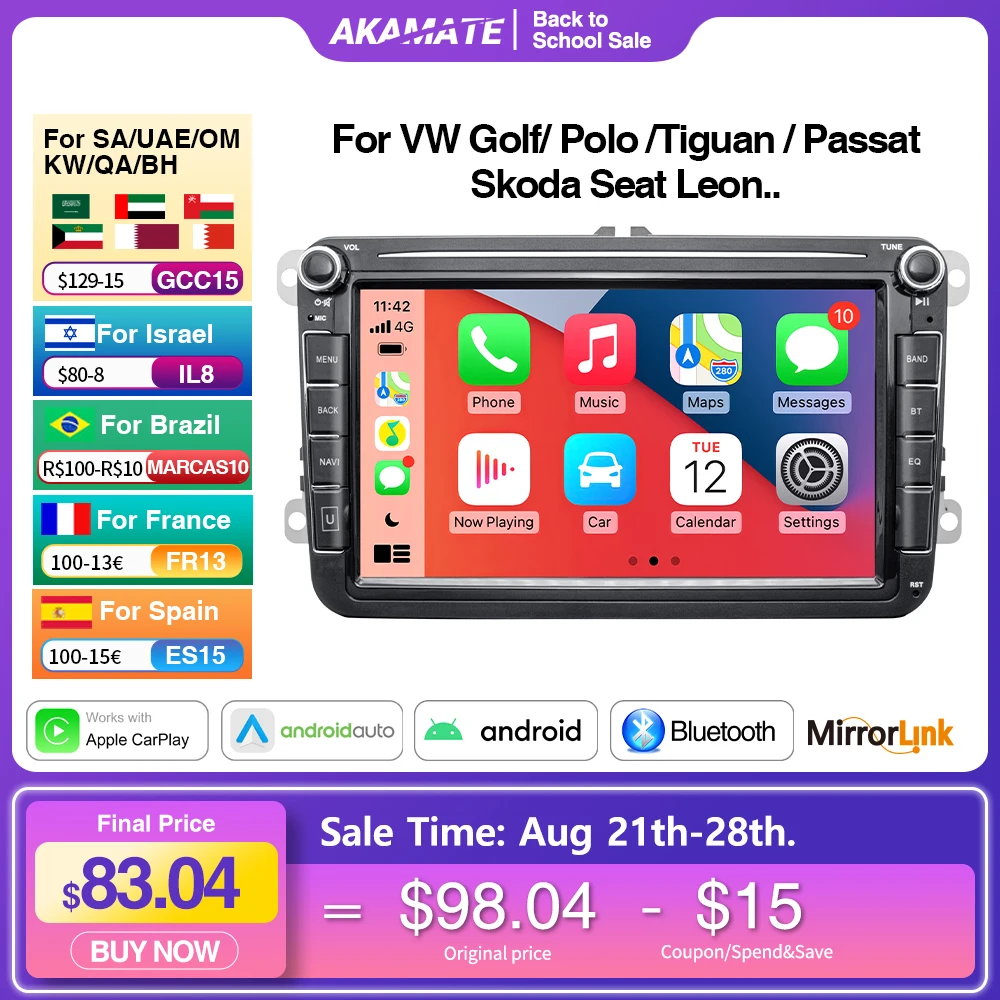 8-дюймовый автомобильный радиоприемник, видеоплеер CarPlay, Android, авто для Volkswagen Polo, Glof, Passat, Skoda, автомобильное стерео, Wi-Fi, Bluetooth, GPS-навигация