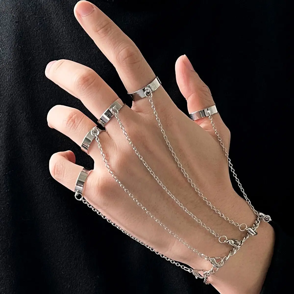 Punk Silver Color Ring Set Wrist Bracelet for Women Men Fashion Hip-pop Ring Charm Jewelry Accessories Gift Layered Chains Rings