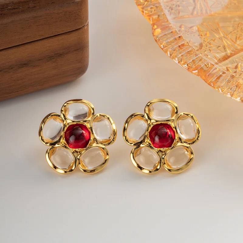

Minar Romantic Clear Red Color Resin Flower Drop Earrings for Women 18K Real Gold Plated Brass Statement Earring Party Jewelry