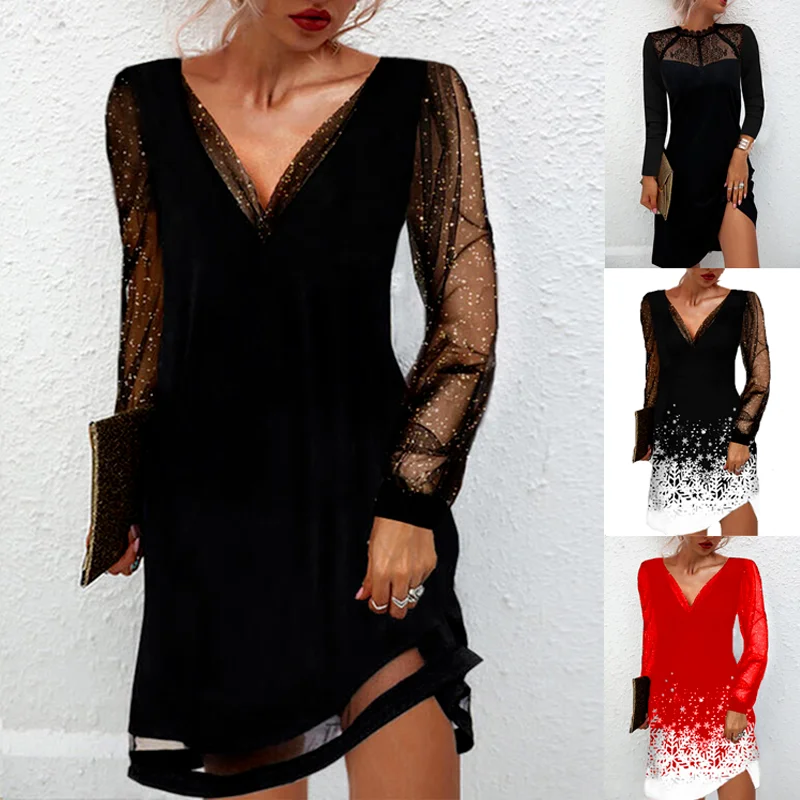 

Dresses for Women V Neck Lace Sleeve Short Dress 2022 Spring Summer Sexy Ladies Black Party Bodycon Fashion 5XL Vestido de Mujer