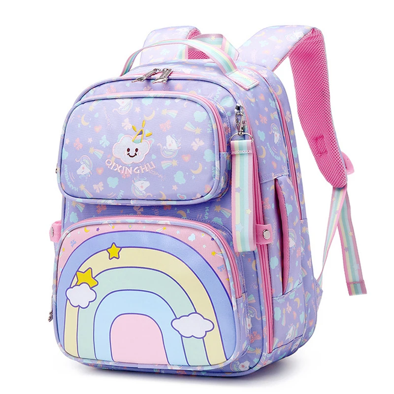 Радужный рюкзак для начальной школы для девочек, ортопедические Водонепроницаемые Детские вместительные рюкзаки с единорогом для 1-5 класс...