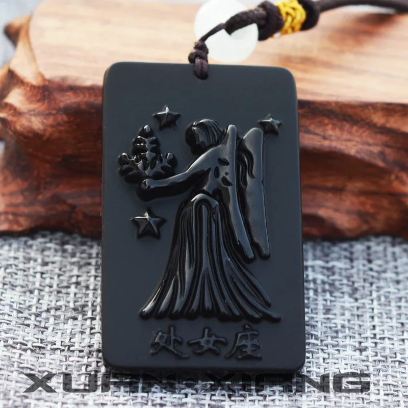 

Natural Black Obsidian Hand Carved Virgo Pendant Fashion Jewelry Men's and Women's 12 Constellations Necklace