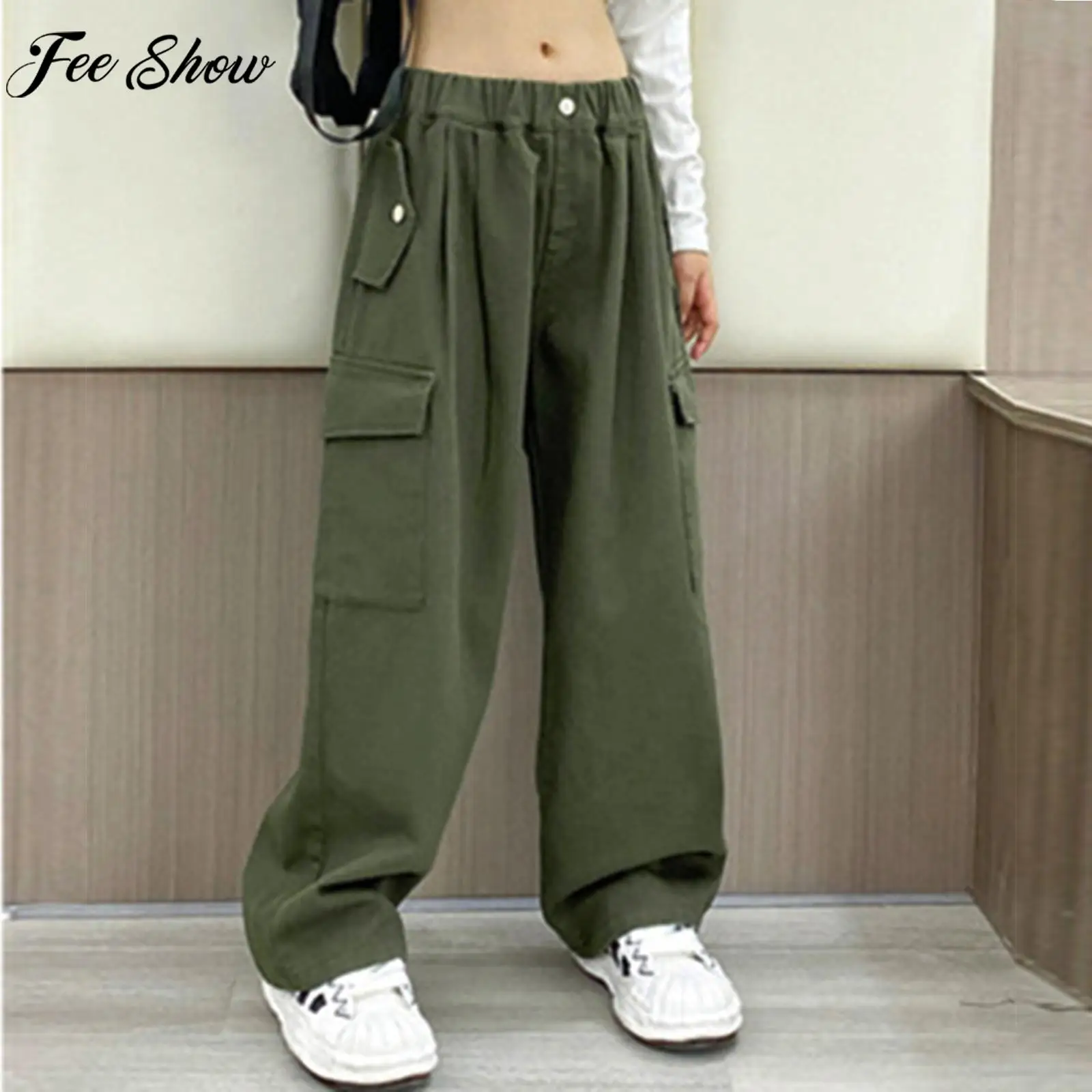 

Kids Girls Fashion Casual Cargo Pants Korean Style Hip Hop Trouser Elastic Waistband Big Pockets Wide Leg Loose Pants Streetwear