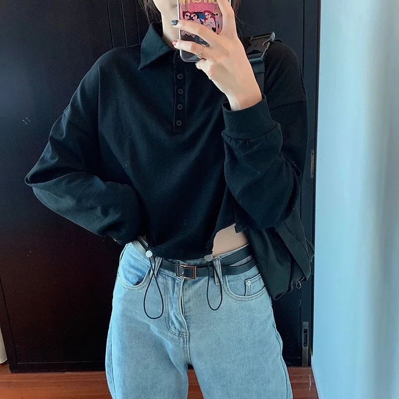 

2021 New Chic Drawstring Stylish High Street Fresh Sweet Female Elegant Casual All Match Loose Short Pullovers Shirts Black Top