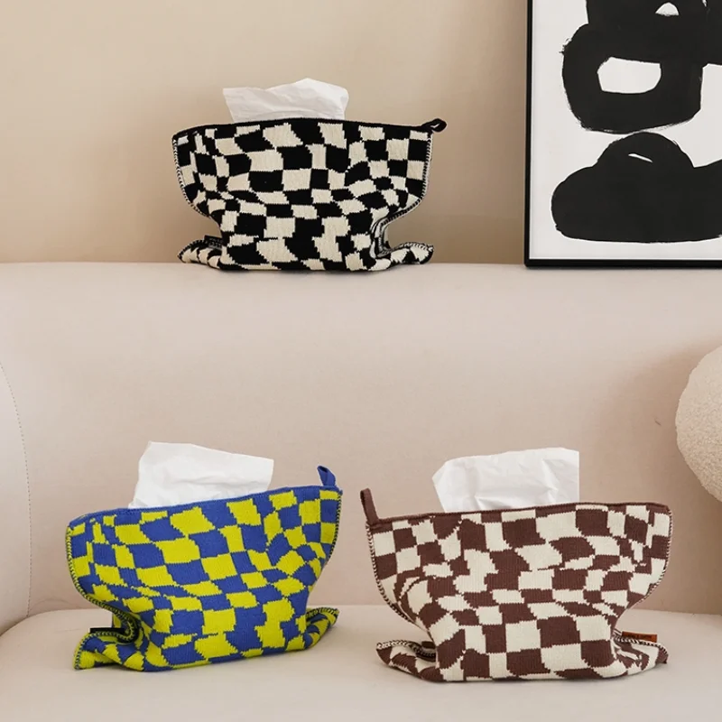 

LadyCC Checkerboard Knitted Tissue Bag Living Room Tissue Bag Storage Box Nordic Style Living Room Dining Table Decoration Box
