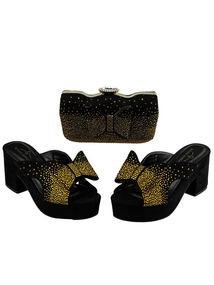 Summer Sandals 2023 Latest Versatile Clutch Italian Design Gold Butterfly Decoration High Heels Ladies Party Shoes Bag Set