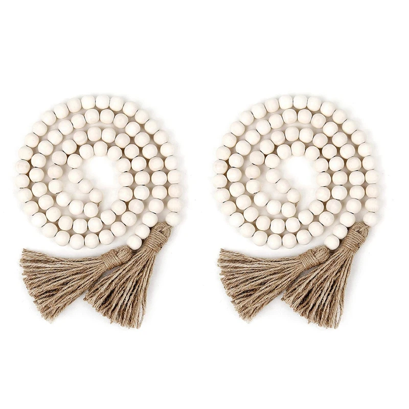 

ABSF 2X Wood Bead Garland With Tassels,Farmhouse Beads Rustic Country Decor Prayer Boho Beads Wood Color