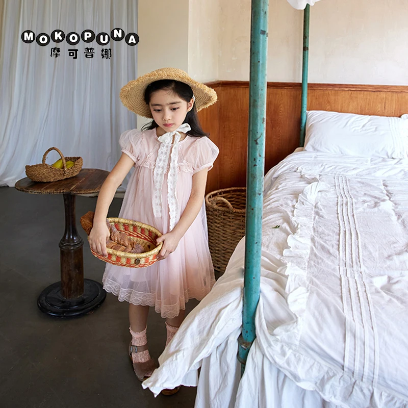 

MOKOPUNA Children's Dresses Girls Mesh Dress Pink Puff Sleeve Princess Dress Romantic Wedding Dress Vestidos Infantil Menina