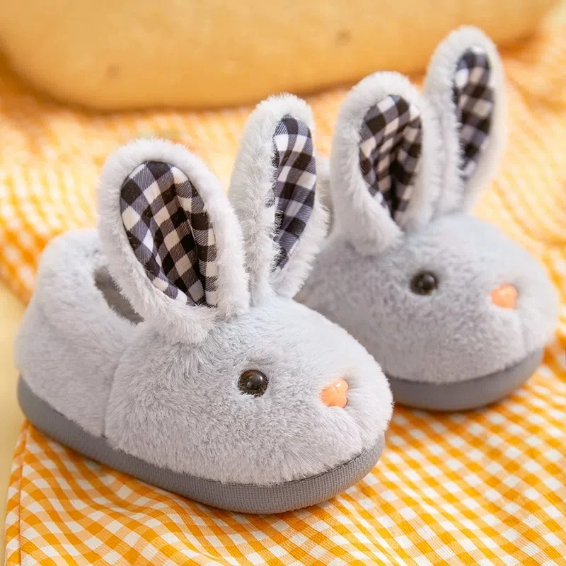 Kawaii Babi Rabbit Slippers Children Brown White Pink Slip on Loafers Shoes 2022 New In Winter Toddler Fluffy Slide Slipper