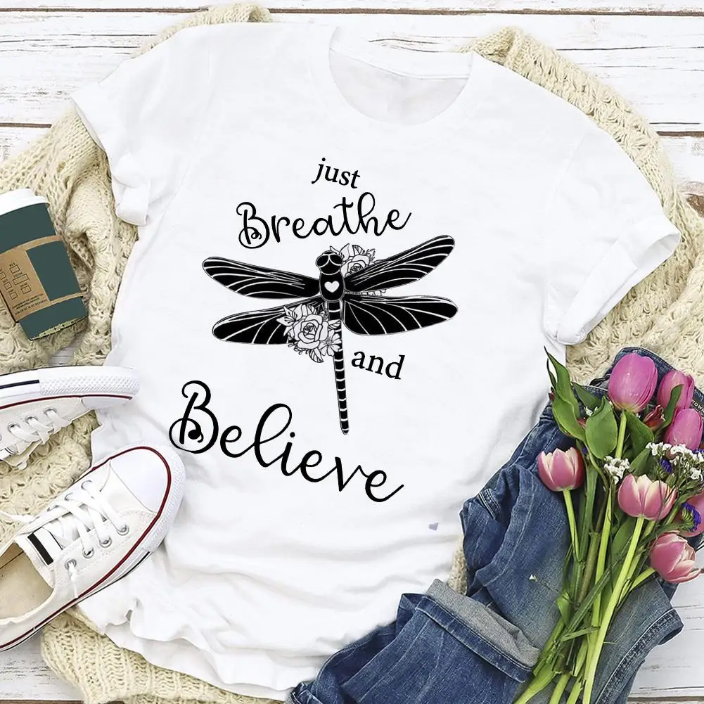 

Fashion Dragonflies Short Sleeve T-shirt Women Men Neutral Letter Print T-shirts Cotton Daily Casual Tops S-XXXL