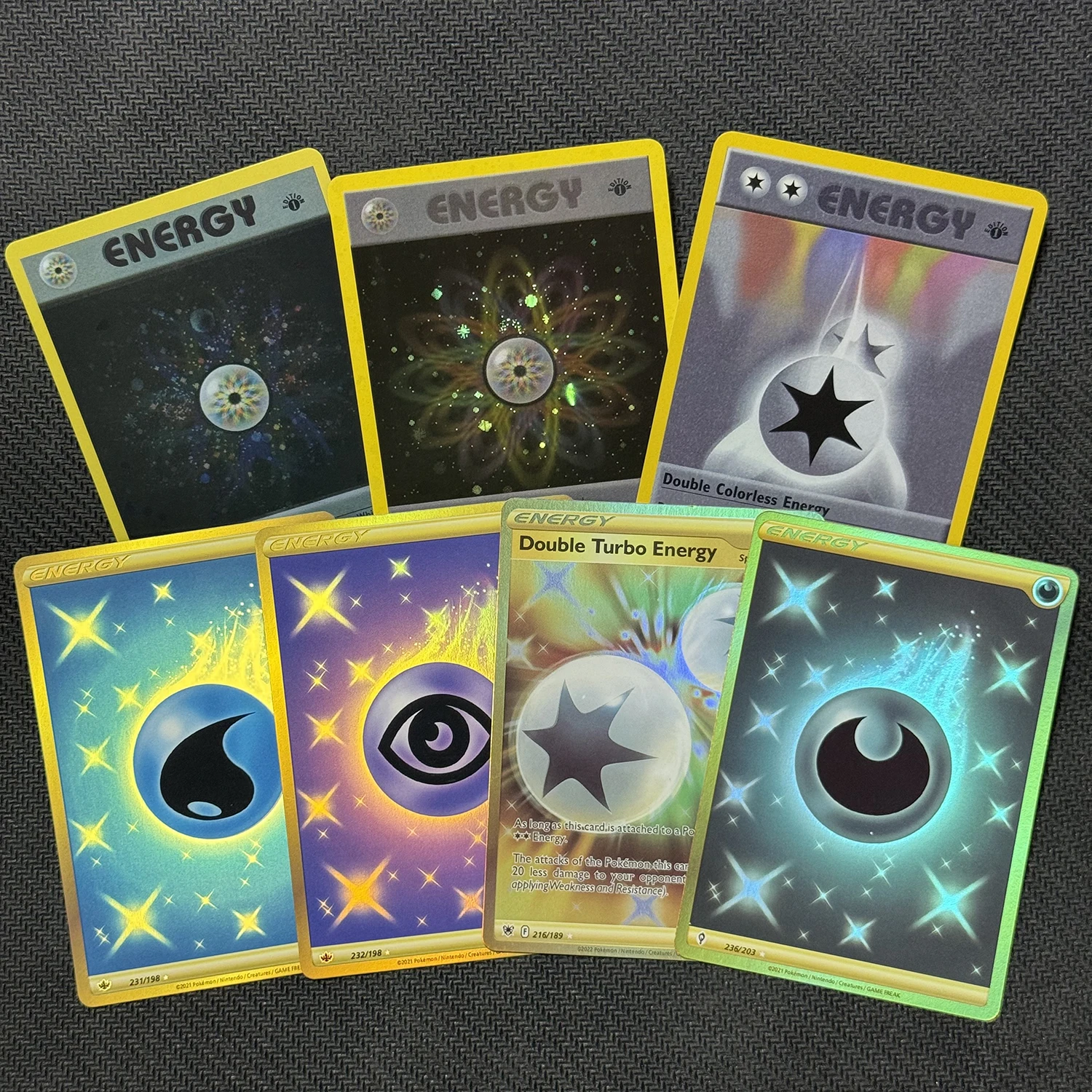 Фото Коллекционные карты PTCG: Энергетические карты (Двойная бесцветная энергия, Тьма, Вода, Психическая, Радужная, Металлическая) — Боевые карты, игрушки, подарки №2