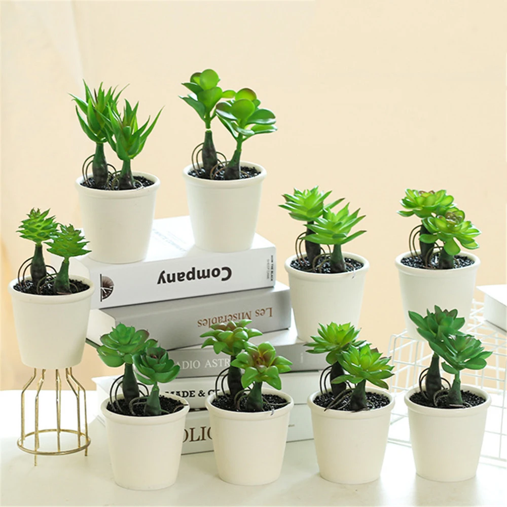 Artificial Succulents Bonsai Emulation Green Plants Potted White Planters Decorative Mini Pots Desktop Home Decor