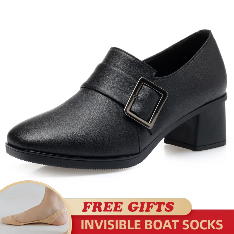 

2023 New Women Genuine Leather Shoes Fashion Buckle Design Mid Heel Large Size 43 Occupational Office Women Singles Shoes