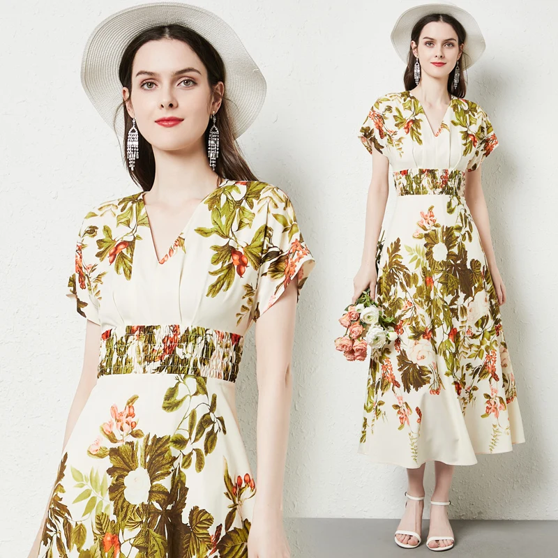 

new spring summer 5159-2022 light ripe atmosphere quality v-neck short-sleeved dress show thin waist printed dresses