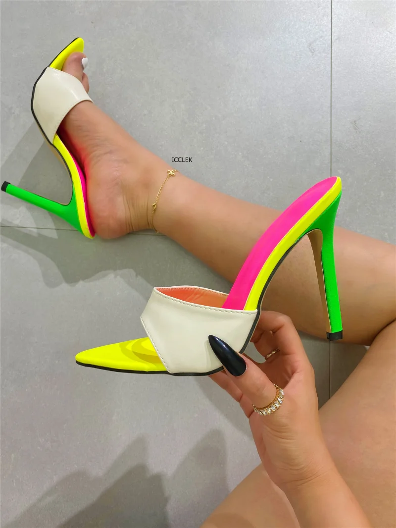 

Sexy Pointed Toe Mule High Heels Women Slipper Fashion Mixed Color Slip On Slides Summer Party Stripper Sandal Shoes