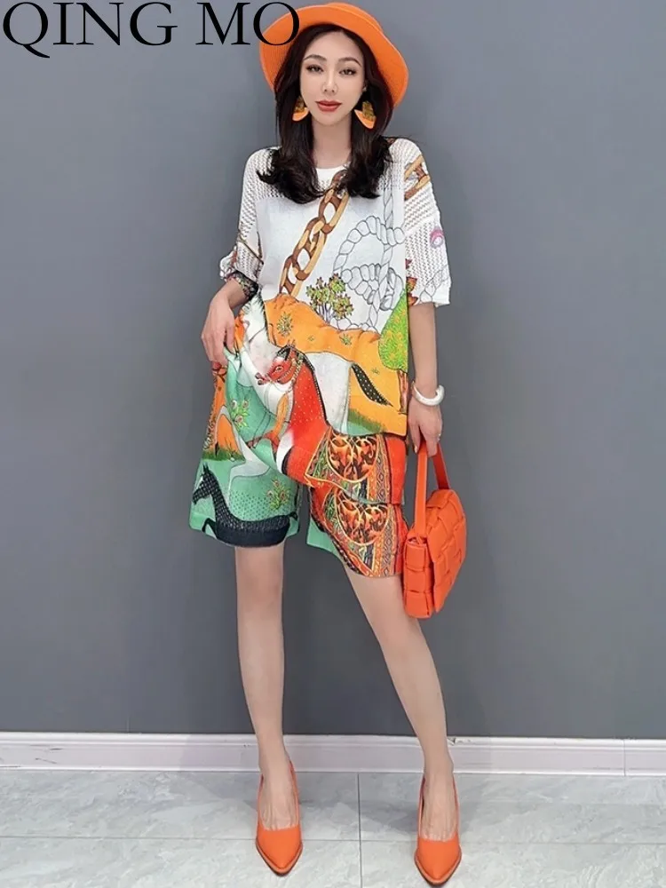 

QING MO 2023 Summer New Korean Casual Loose Printed Top + Capris Sporty Two-piece Set Women Fashionable Matching Set ZXF3003