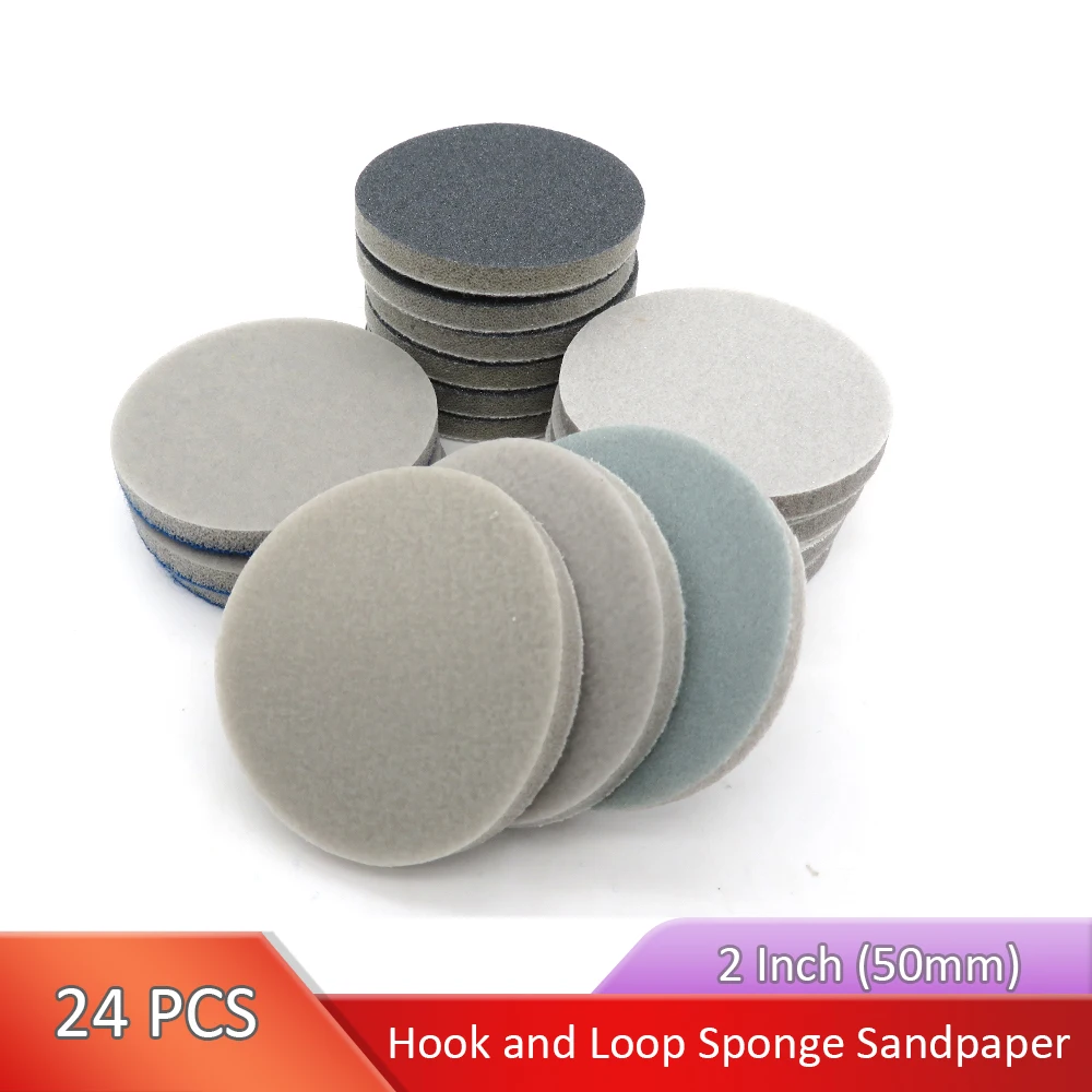 24 Pcs 2 Inch 50mm Flocking Round Sanding Sponge Abrasive Sanding Disc Hook and Loop for Car Phone Polishing & Grinding