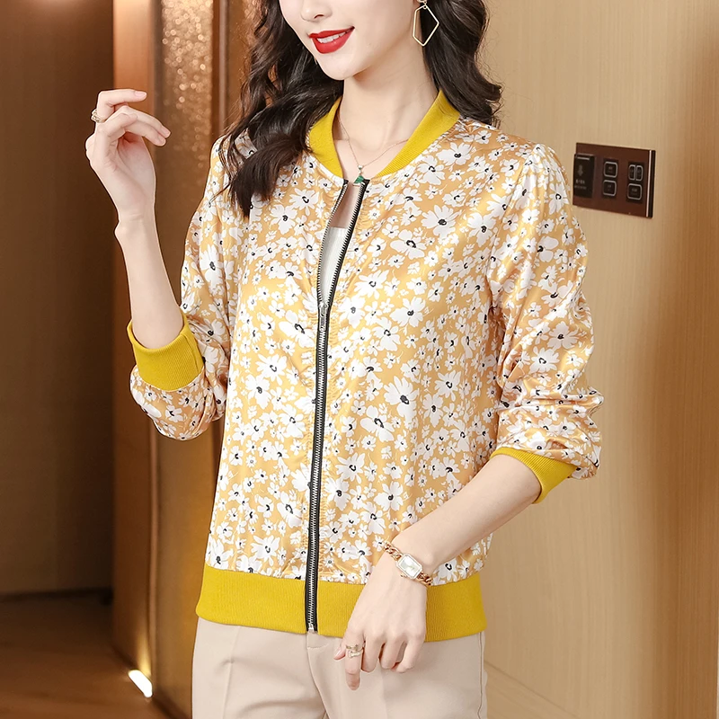 

Autumn Silk Jacket Women Satin Floral Long Sleeve Office Lady Jackets Yellow Jackets for Women Loose Women Coat and Jackets