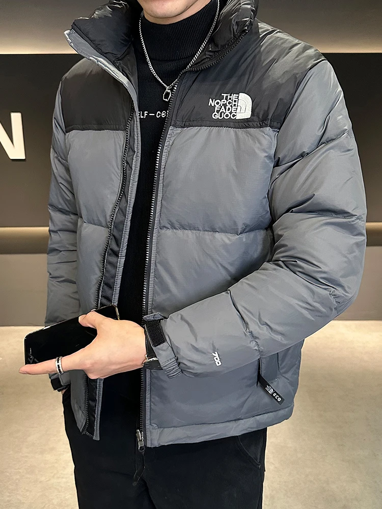 Мужской пуховик контрастного цвета с воротником-стойкой зима 2024 новая мода