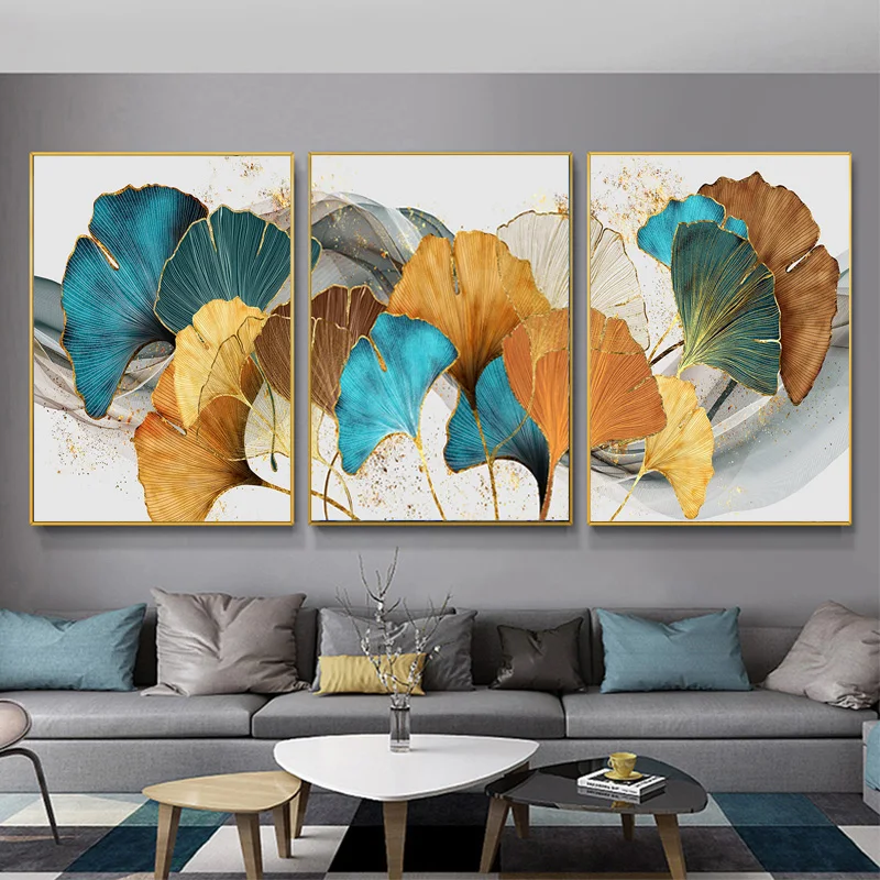 

Blue Green Yellow Gold Leaf Plant Flower Wall Art Canvas Painting Nordic Posters And Prints Wall Pictures For Living Room Decor
