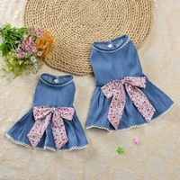 2022 new denim per dog clothes cute floral print bow princess dress for small dogs cat dog denim skirt york chihuahua clothes