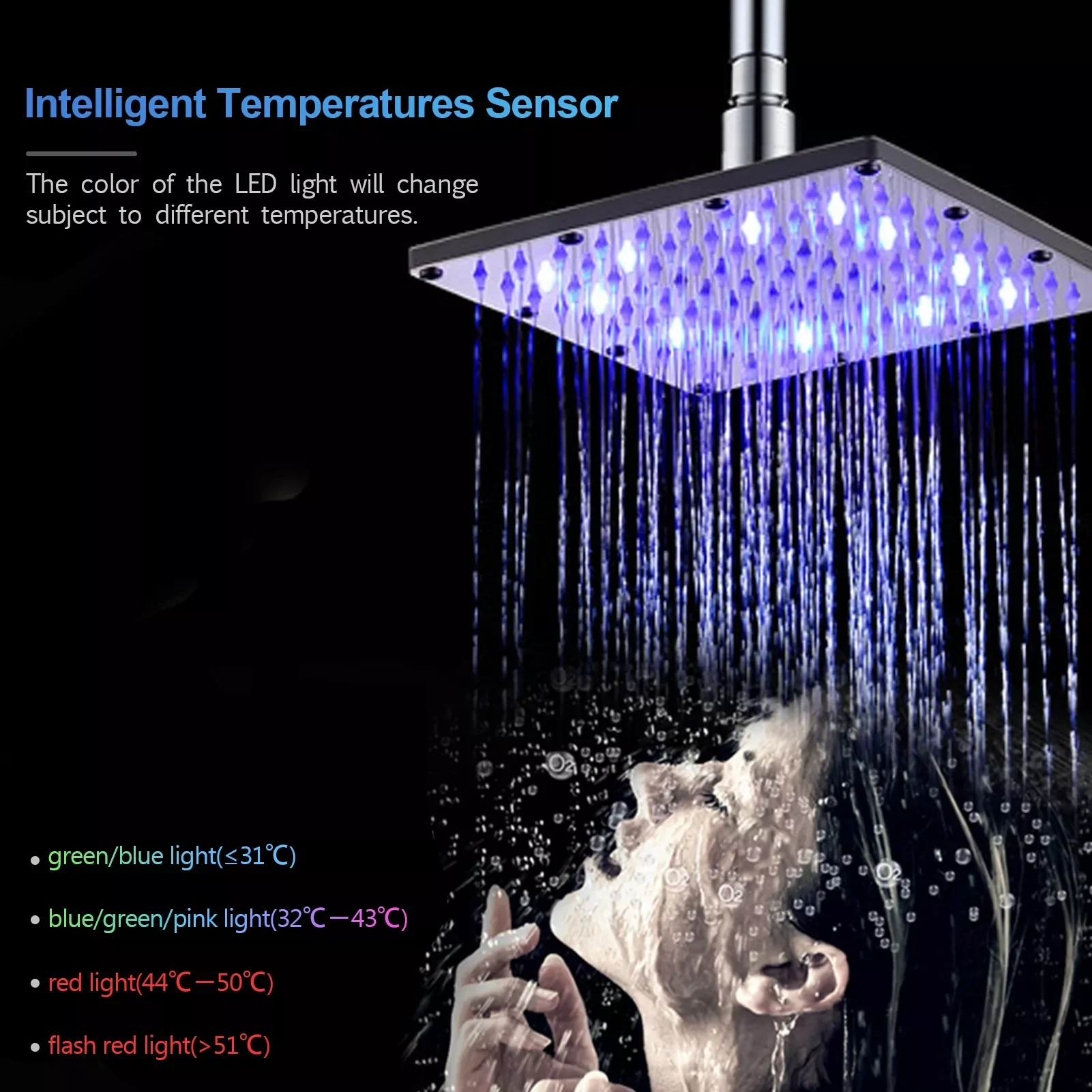 

LED Rainfall Shower Head 8/10/12inch Square RGB/Multiple Color Automatic Changing Waterfall Rain Showerhead Bathroom Accessories
