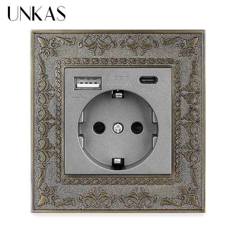 Фото UNKAS серая розетка ЕС Тип C USB порт + ТВ RJ11 Телефон RJ45 Интернет-компьютер гнездо 4D тиснение панель Ретро цинковый сплав розетка №4