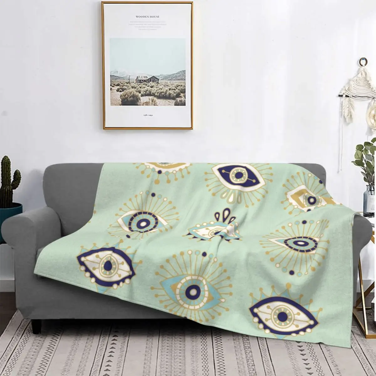 

Mediterranean Blue And Gold Warm Flannel Hamsa Nazar Amulet Boho Throw Blanket for Home Bedroom Sofa Bedspread Evil Eye Blankets