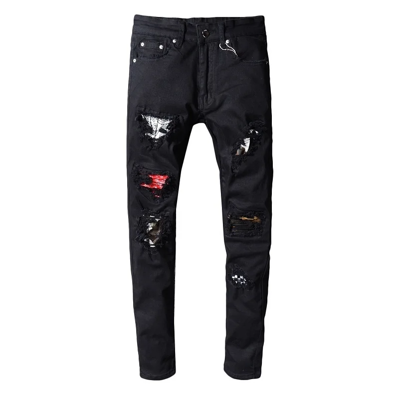 

New Style Men's Distressed Destroyed Badge Pants Ribbed Patches Blue Skinny Biker Jeans Slim Trousers Streetwear