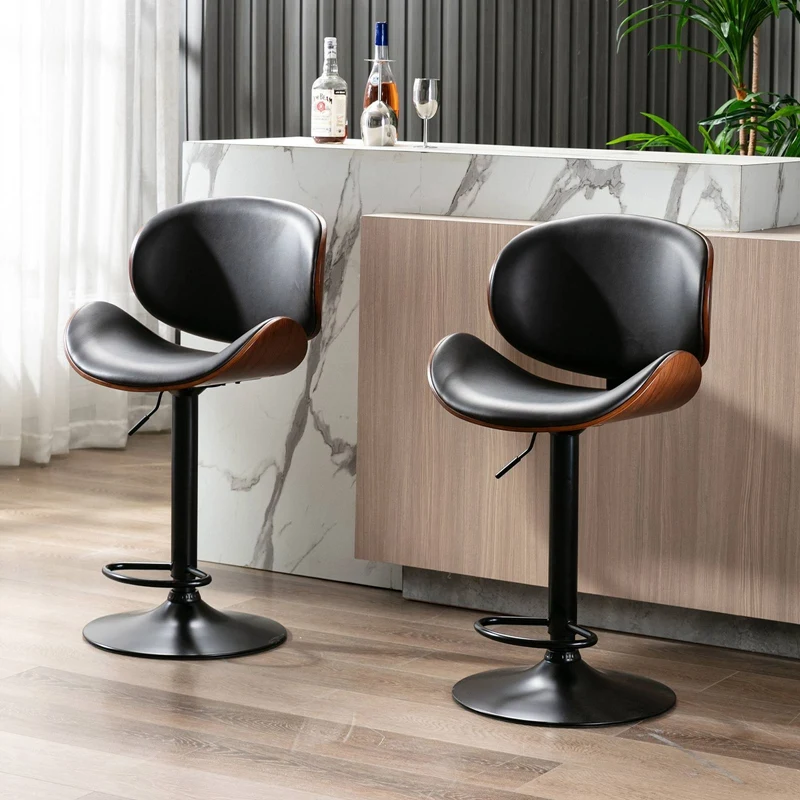 2Pcs Adjustable Bar Stools Walnut Bentwood Upholstered Swivel Barstool PU Leather Cushion Counter Barstools