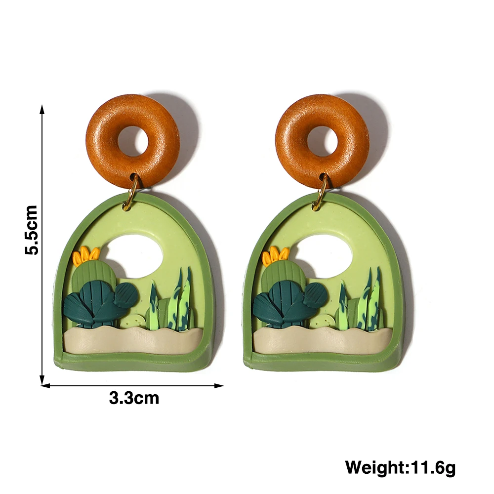 Серьги-подвески Lifefontier с зеленым кактусом