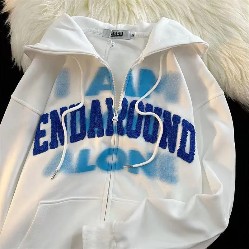 

Letter Flocking Hoodies Women Streetwear Harajuku Retro Hip Hop Zip Up Hoodie Loose Casual Sweatshirt Hoodie Clothes Y2K Tops