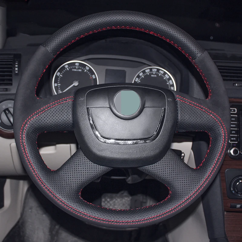 

Hand-stitched Black Genuine Leather Suede Car Steering Wheel Cover For Skoda Octavia Superb Fabia Skoda Octavia a5 Yeti