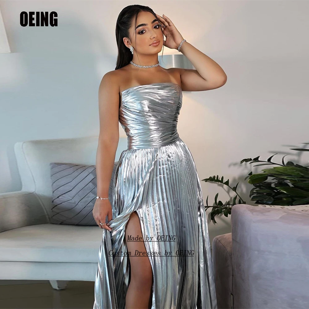 

Женское атласное вечернее платье-трапеция, без бретелек, с разрезом сбоку