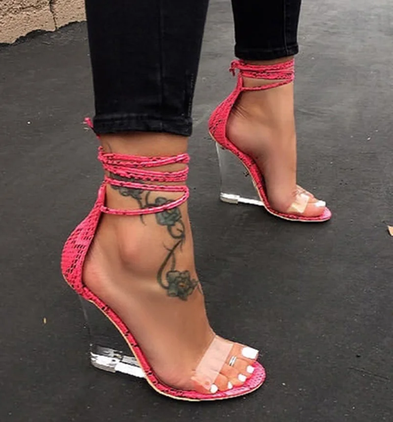 

Miaoguan New 2021 Fashion Women Shoes Peep Toe PVC Transparent Heel Wedges High Heels Sandals Summes Cross Strap Lace-Up Pumps