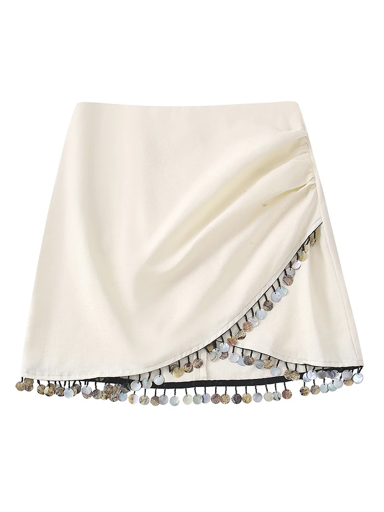 

Модная льняная мини-юбка с бисером, Женская юбка с высокой талией и молнией сзади, Женская юбка Mujer