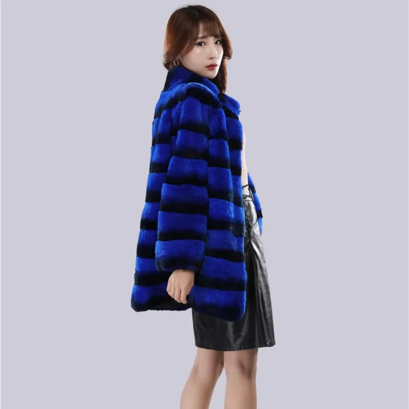 New Winter Women Luxury Real Chinchilla Rex Rabbit Fur Coat Warm Stand Collar Natural Fur Jacket