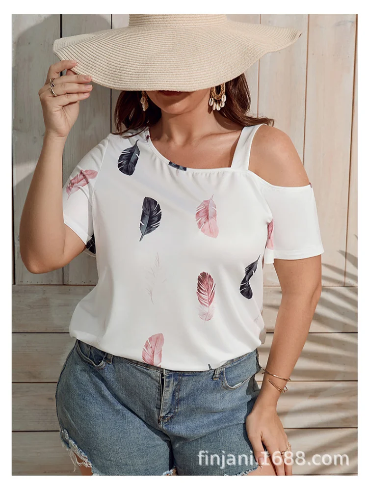 Oversized women's comfortable cross-neck, off-the-shoulder slim T-shirt plus size clothing  plus size tops