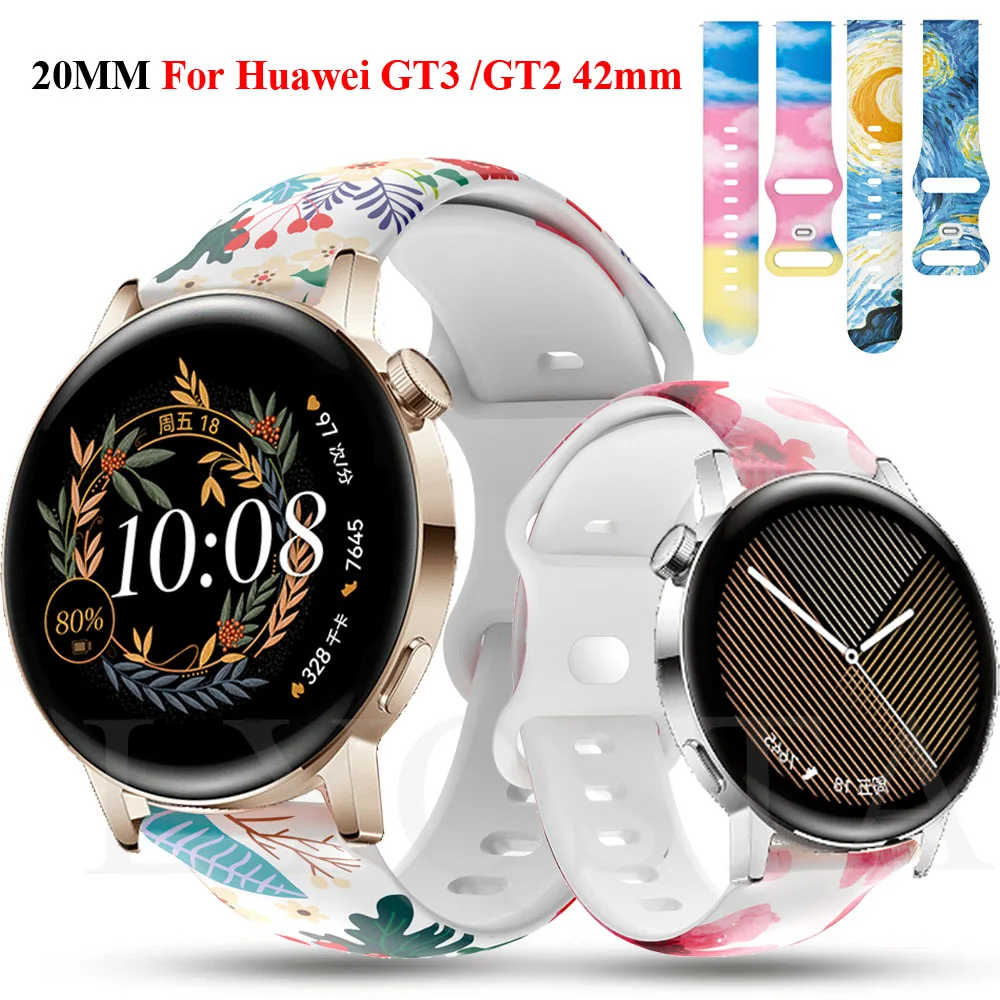 

Ремешок силиконовый для Huawei Watch GT 2 GT3 42 мм, браслет для смарт-часов Amazfit GTS 3 с принтом GT 3 GT2 42 мм, 20 мм